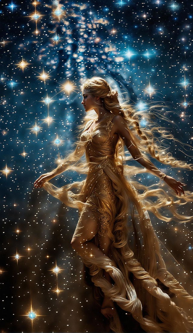 Double exposure image of a stardust goddess with long golden hair and braids, walking across the Milky Way in a long gown with gold embroidery, captured in 36k resolution with intricate detail and unfiltered.