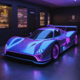 An Electropunk interpretation of a Le Mans car, featuring a riot of neon lights and electrical energy. Its design is futuristic, with visible circuitry, arc-lights sparking, and an aura of vibrant, electric blues and purples.