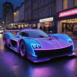 An Electropunk interpretation of a Le Mans car, featuring a riot of neon lights and electrical energy. Its design is futuristic, with visible circuitry, arc-lights sparking, and an aura of vibrant, electric blues and purples.