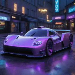 An Electropunk interpretation of a Le Mans car, featuring a riot of neon lights and electrical energy. Its design is futuristic, with visible circuitry, arc-lights sparking, and an aura of vibrant, electric blues and purples.