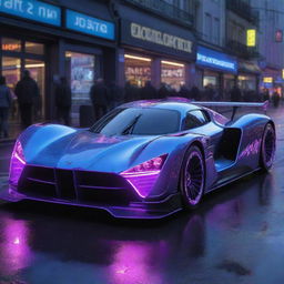 An Electropunk interpretation of a Le Mans car, featuring a riot of neon lights and electrical energy. Its design is futuristic, with visible circuitry, arc-lights sparking, and an aura of vibrant, electric blues and purples.