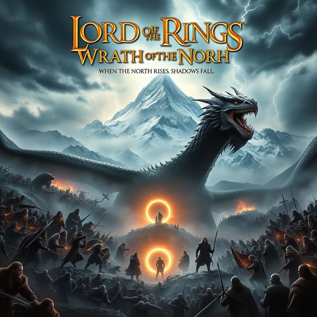 An epic movie poster for 'Lord of the Rings: Wrath of the North', featuring Erebor, the Lonely Mountain, in the background, shrouded in mist and snow