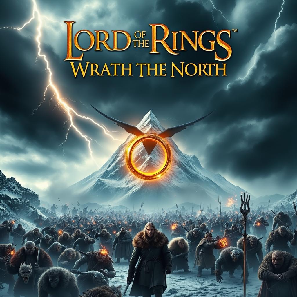 An epic movie poster for 'Lord of the Rings: Wrath of the North', featuring Erebor, the Lonely Mountain, in the background, shrouded in mist and snow