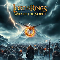 An epic movie poster for 'Lord of the Rings: Wrath of the North', featuring Erebor, the Lonely Mountain, in the background, shrouded in mist and snow