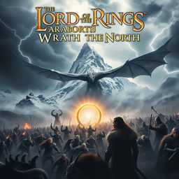 An epic movie poster for 'Lord of the Rings: Wrath of the North', featuring Erebor, the Lonely Mountain, in the background, shrouded in mist and snow