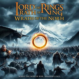 An epic movie poster for 'Lord of the Rings: Wrath of the North', featuring Erebor, the Lonely Mountain, in the background, shrouded in mist and snow
