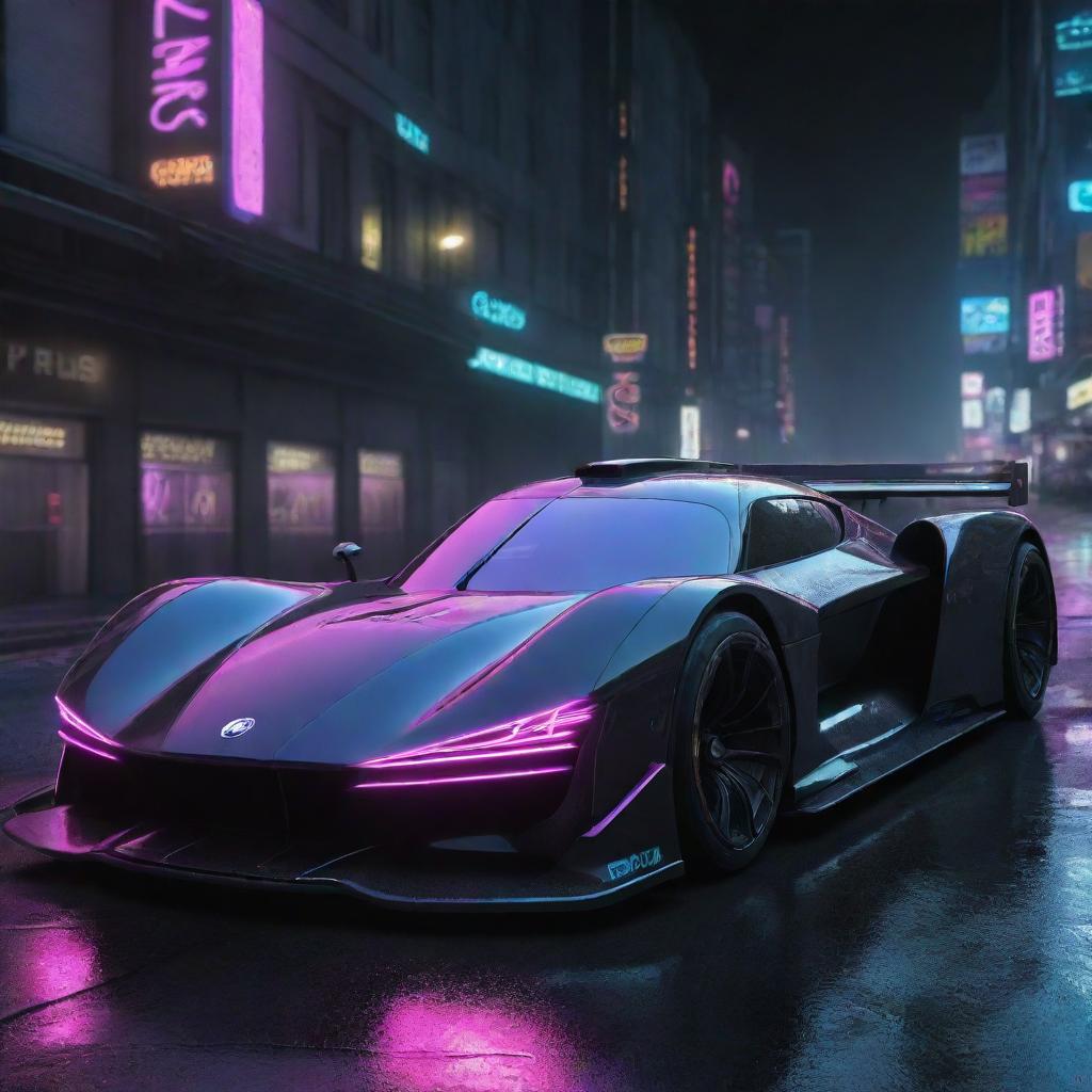A Cyberpunk Le Mans car, donned in noir atmosphere combined with vibrant neon lights. The car has a high-tech design with streamlined cybernetic enhancements, holographic displays, and glowing LED trims in a dystopian cityscape.