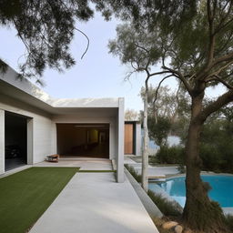 A two-story minimalist house with a car garage, a small park, and a swimming pool.