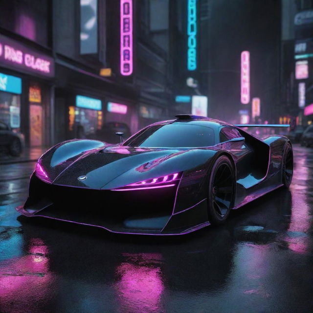 A Cyberpunk Le Mans car, donned in noir atmosphere combined with vibrant neon lights. The car has a high-tech design with streamlined cybernetic enhancements, holographic displays, and glowing LED trims in a dystopian cityscape.