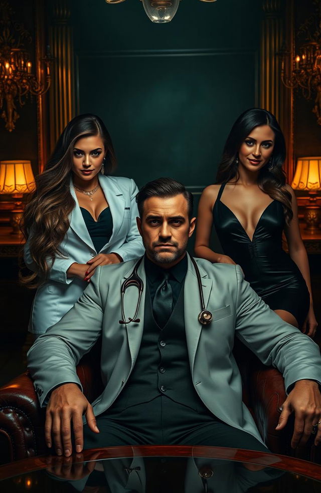 A handsome mafia man sitting confidently in a luxurious, dimly lit room, surrounded by two beautiful women