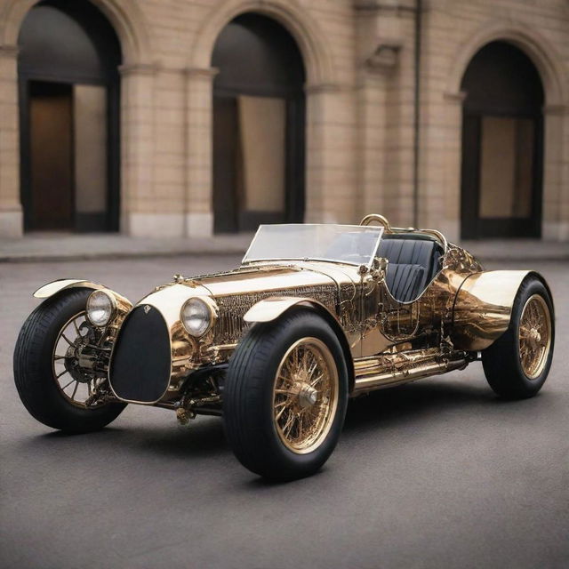 A Teslapunk Le Mans car, containing elements of 19th-century design mixed with Nikola Tesla's visionary electrical machinery. It features high voltage electrical bolts, intricate coil structures and a refined aesthetic with brilliantly polished brass