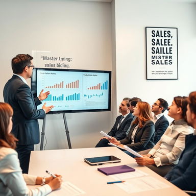 A dynamic and engaging business scene showing a confident presenter addressing a diverse audience in a conference room