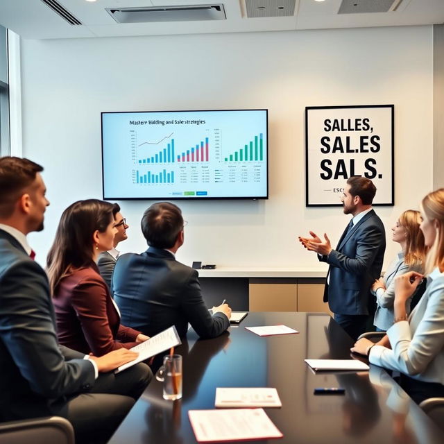 A dynamic and engaging business scene showing a confident presenter addressing a diverse audience in a conference room