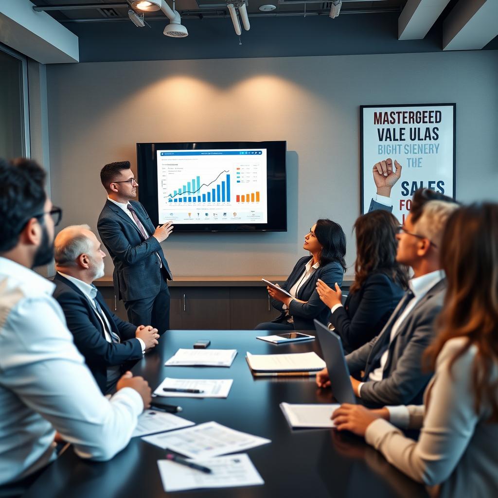 A dynamic and engaging business scene showing a confident presenter addressing a diverse audience in a conference room