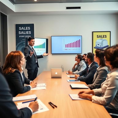 A dynamic and engaging business scene showing a confident presenter addressing a diverse audience in a conference room