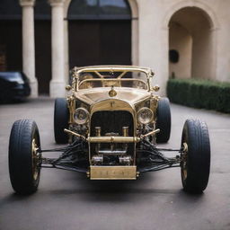 A Teslapunk Le Mans car, containing elements of 19th-century design mixed with Nikola Tesla's visionary electrical machinery. It features high voltage electrical bolts, intricate coil structures and a refined aesthetic with brilliantly polished brass