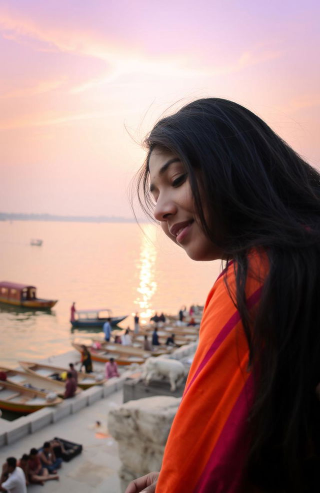 A serene scene at the Banaras Ghat, with the ghats reflecting the golden hues of a sunset