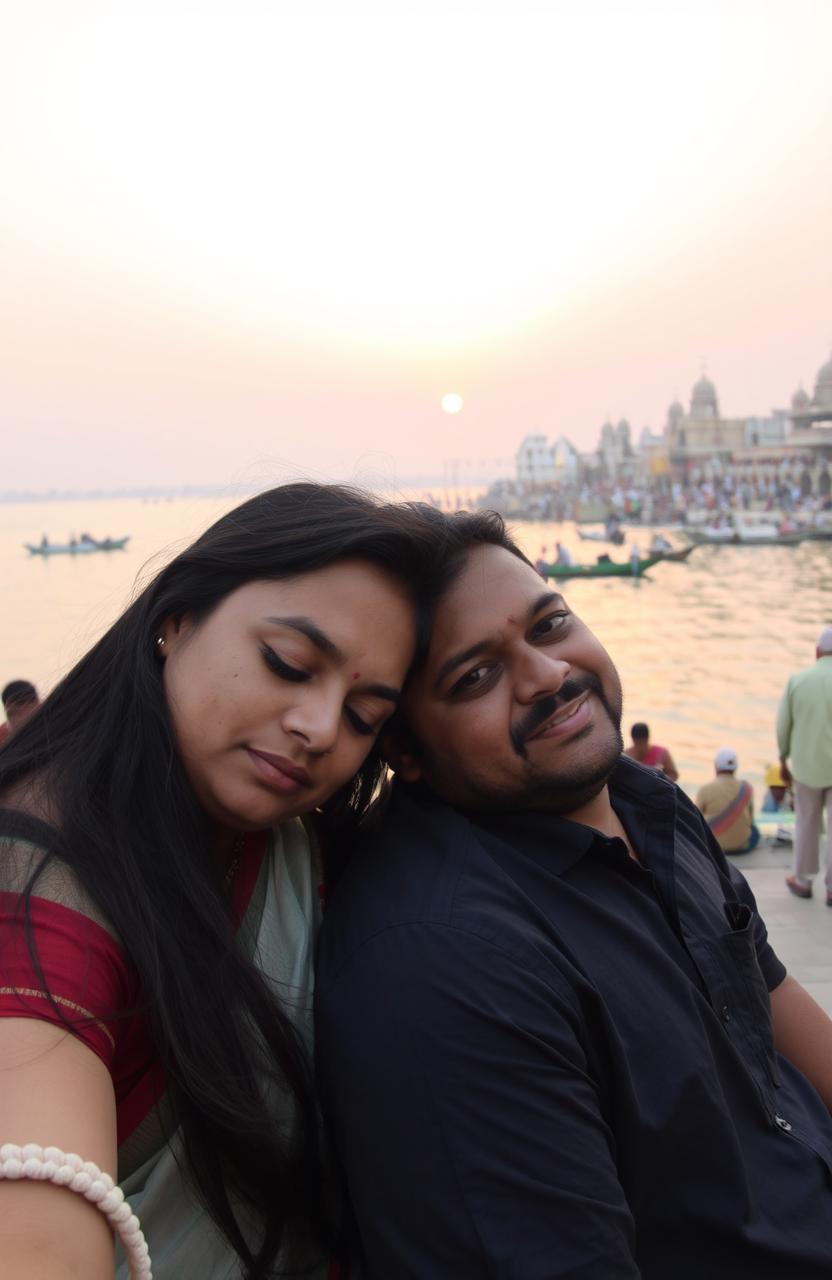 A serene scene at the Banaras Ghat, with the ghats reflecting the golden hues of a sunset