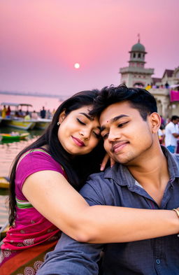 A serene scene at the Banaras Ghat, with the ghats reflecting the golden hues of a sunset