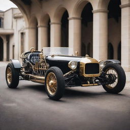 A Teslapunk Le Mans car, containing elements of 19th-century design mixed with Nikola Tesla's visionary electrical machinery. It features high voltage electrical bolts, intricate coil structures and a refined aesthetic with brilliantly polished brass