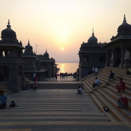 A serene sunset scene at Banaras Ghat, showcasing the majestic steps leading down to the Ganges River