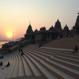 A serene sunset scene at Banaras Ghat, showcasing the majestic steps leading down to the Ganges River