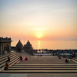 A serene sunset scene at Banaras Ghat, showcasing the majestic steps leading down to the Ganges River