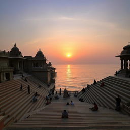 A serene sunset scene at Banaras Ghat, showcasing the majestic steps leading down to the Ganges River