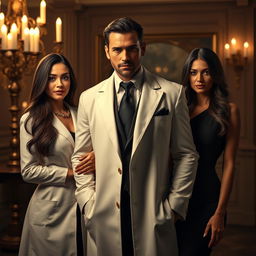 A strikingly handsome mafia man exuding charisma, standing charismatic in an elegant, candlelit room, surrounded by two beautiful women