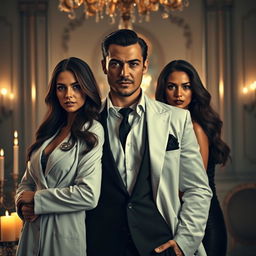 A strikingly handsome mafia man exuding charisma, standing charismatic in an elegant, candlelit room, surrounded by two beautiful women