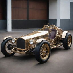 A Teslapunk Le Mans car, containing elements of 19th-century design mixed with Nikola Tesla's visionary electrical machinery. It features high voltage electrical bolts, intricate coil structures and a refined aesthetic with brilliantly polished brass