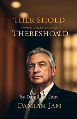 A book cover design featuring a striking, professional portrait of an individual, possibly a middle-aged man with a thoughtful expression, set against a softly blurred background that suggests a public service environment