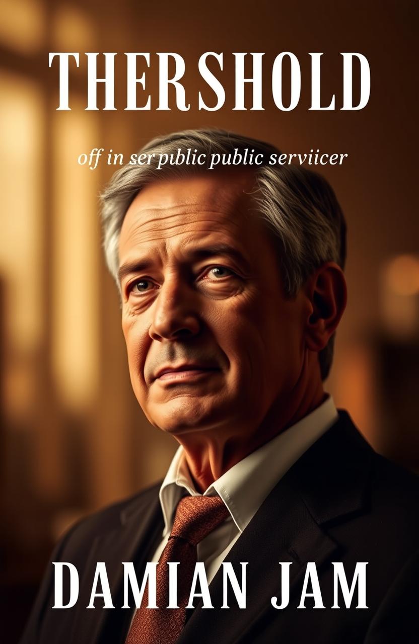 A book cover design featuring a striking, professional portrait of an individual, possibly a middle-aged man with a thoughtful expression, set against a softly blurred background that suggests a public service environment