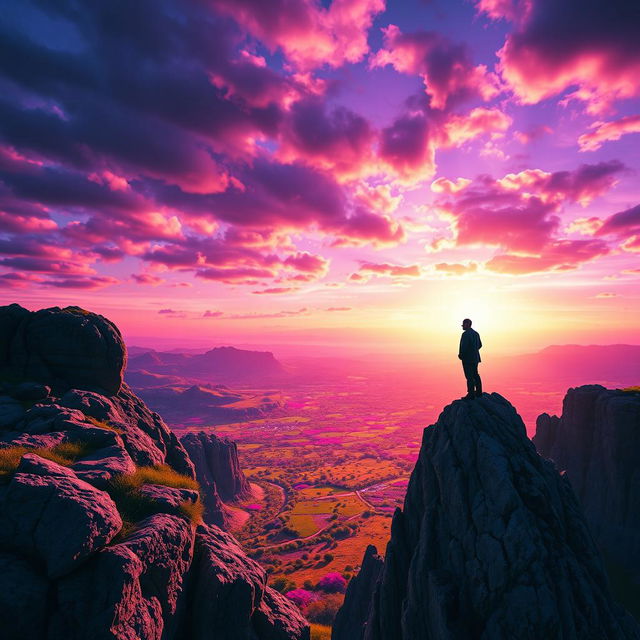 A photorealistic poster featuring Martin Heidegger with a pensive expression, standing on a rocky cliff