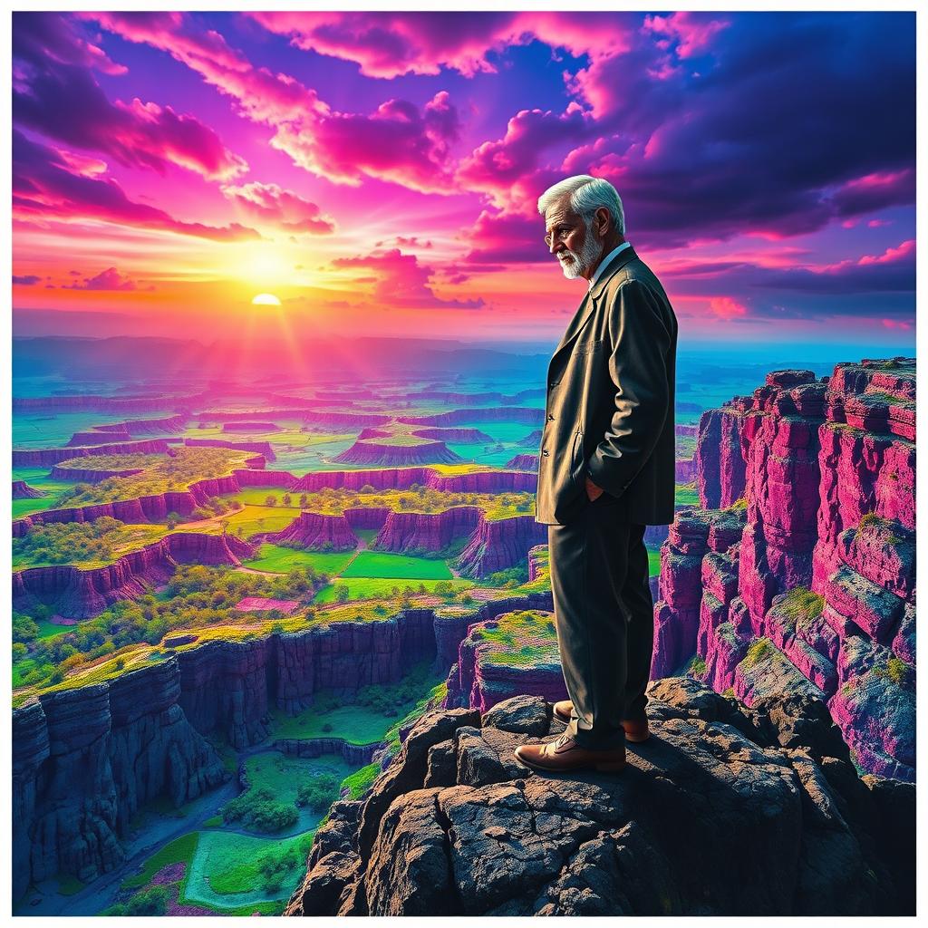 A photorealistic poster featuring Martin Heidegger with a pensive expression, standing on a rocky cliff