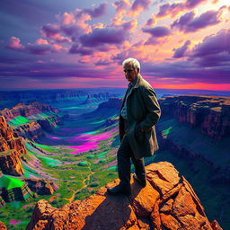 A photorealistic poster featuring Martin Heidegger with a pensive expression, standing on a rocky cliff