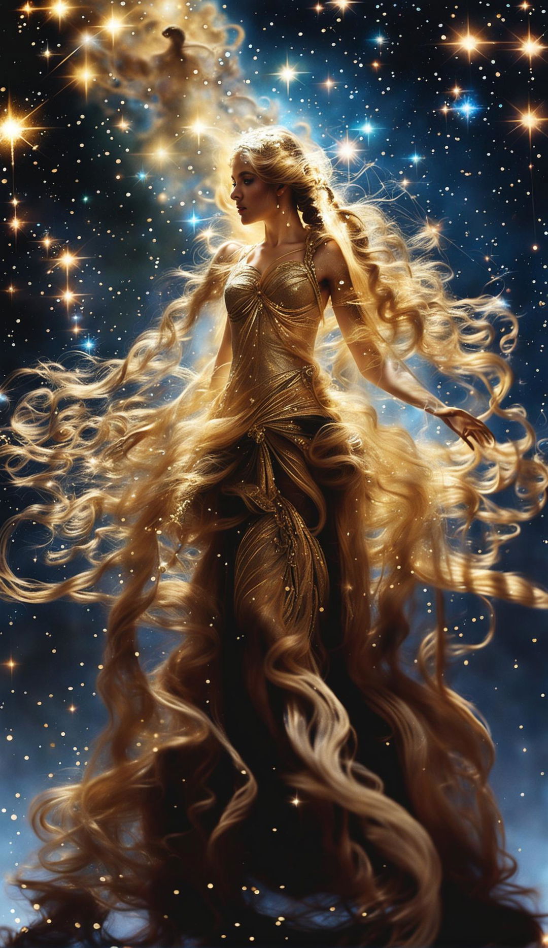 Double exposure image of a stardust goddess with long golden hair and braids, walking across the Milky Way in a long gown with gold embroidery and trailing dress, captured in 36k resolution with intricate detail and unfiltered.