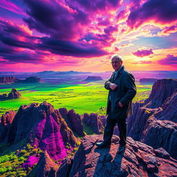A photorealistic poster featuring Martin Heidegger with a pensive expression, standing on a rocky cliff