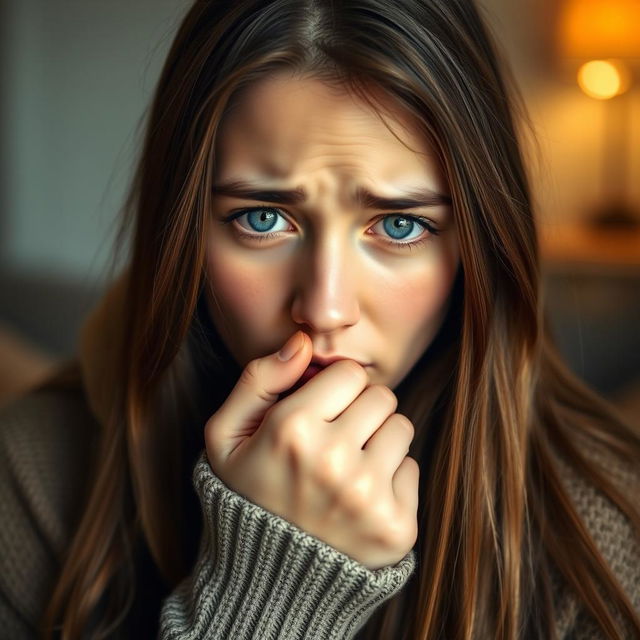 A young woman with long brown hair and striking blue eyes, visibly coughing into her fist