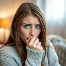 A young woman with long brown hair and striking blue eyes, visibly coughing into her fist