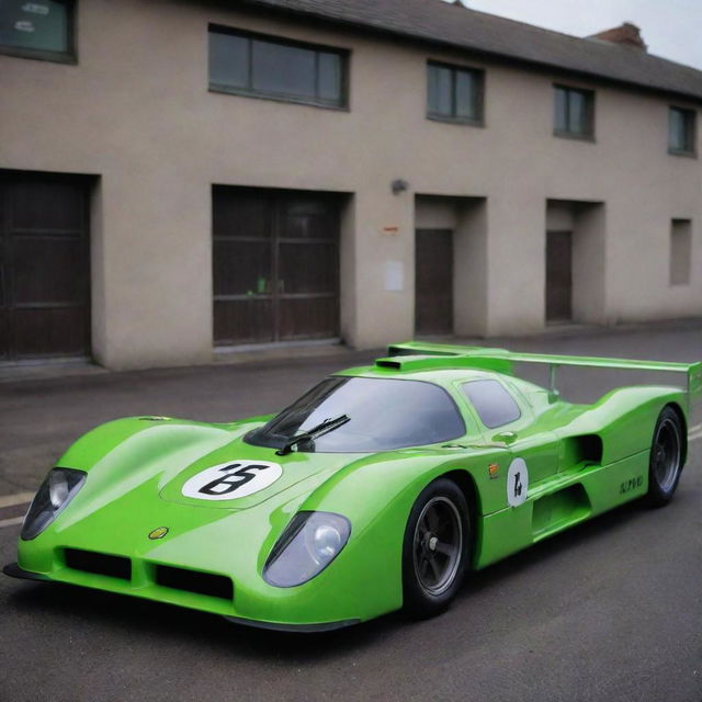 A Nuclearpunk Le Mans car, embodying the promise and threat of the atomic age. The car is distinguished by its radioactive green glow, Geiger-counters, bold warning signs, a streamlined design, and a subtle tinge of post-apocalyptic aesthetic