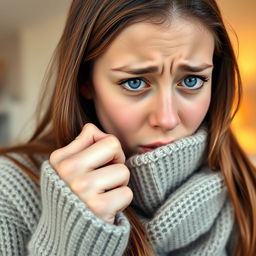 A young woman with long brown hair and striking blue eyes, visibly coughing into her fist