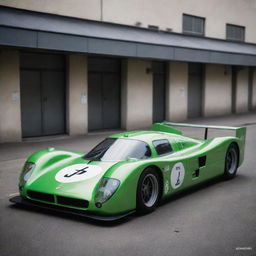 A Nuclearpunk Le Mans car, embodying the promise and threat of the atomic age. The car is distinguished by its radioactive green glow, Geiger-counters, bold warning signs, a streamlined design, and a subtle tinge of post-apocalyptic aesthetic