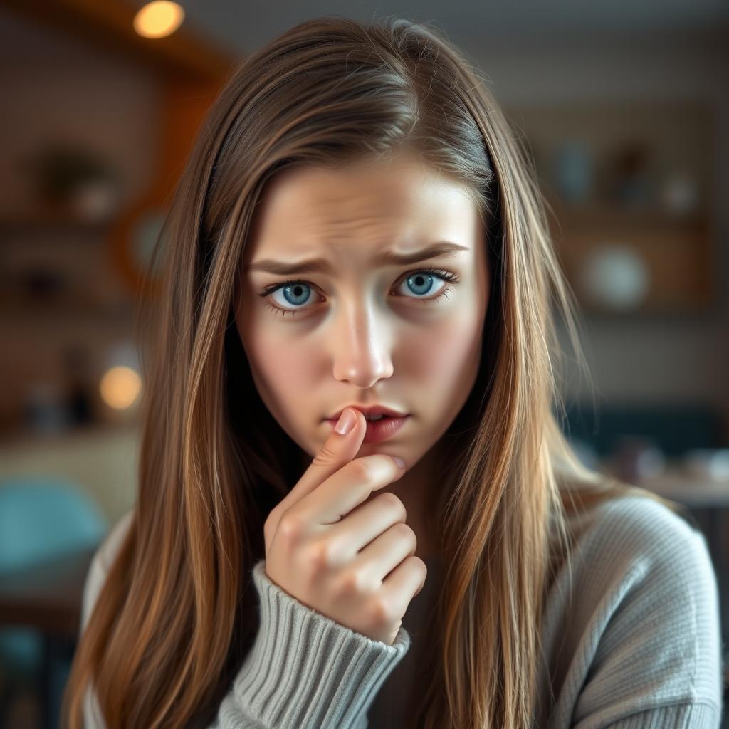 A young woman with long brown hair and captivating blue eyes, coughing gently into her fist