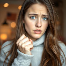 A young woman with long brown hair and captivating blue eyes, coughing gently into her fist