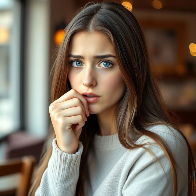 A young woman with long brown hair and captivating blue eyes, coughing gently into her fist