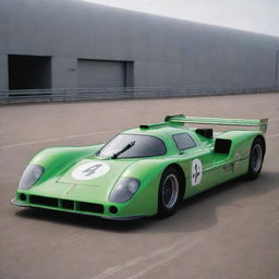 A Nuclearpunk Le Mans car, embodying the promise and threat of the atomic age. The car is distinguished by its radioactive green glow, Geiger-counters, bold warning signs, a streamlined design, and a subtle tinge of post-apocalyptic aesthetic