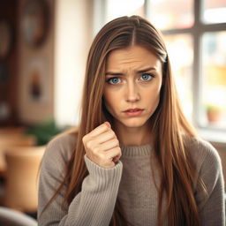 A young woman with long brown hair and captivating blue eyes, coughing gently into her fist