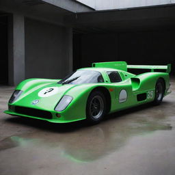 A Nuclearpunk Le Mans car, embodying the promise and threat of the atomic age. The car is distinguished by its radioactive green glow, Geiger-counters, bold warning signs, a streamlined design, and a subtle tinge of post-apocalyptic aesthetic