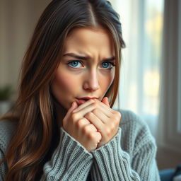 A young woman with long, flowing brown hair and vibrant blue eyes is depicted in a moment of vulnerability as she coughs gently into her fist